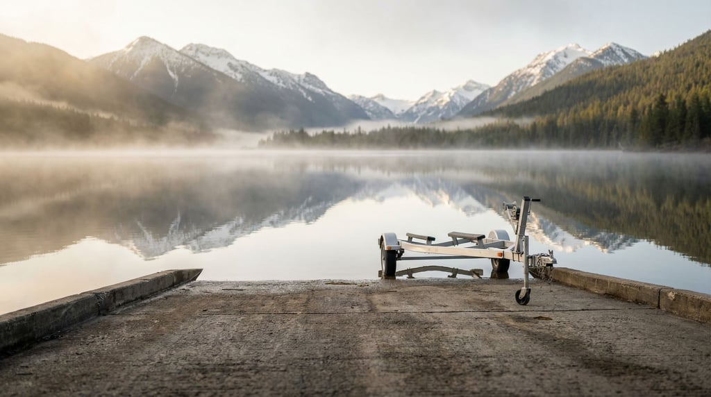 A boat launch ramp extending into a clear mountain lake