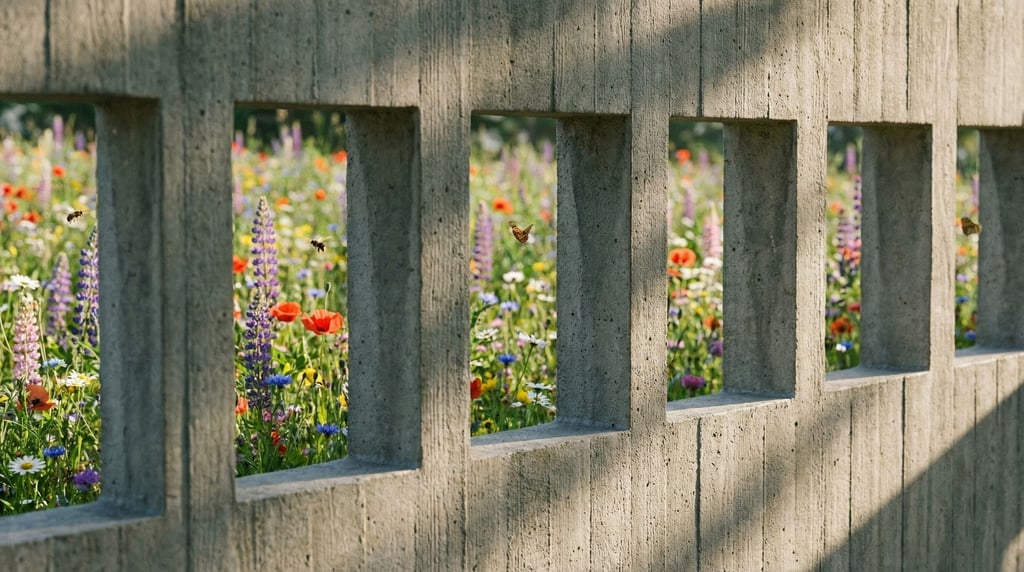 A concrete wall with deliberate gaps at regular intervals