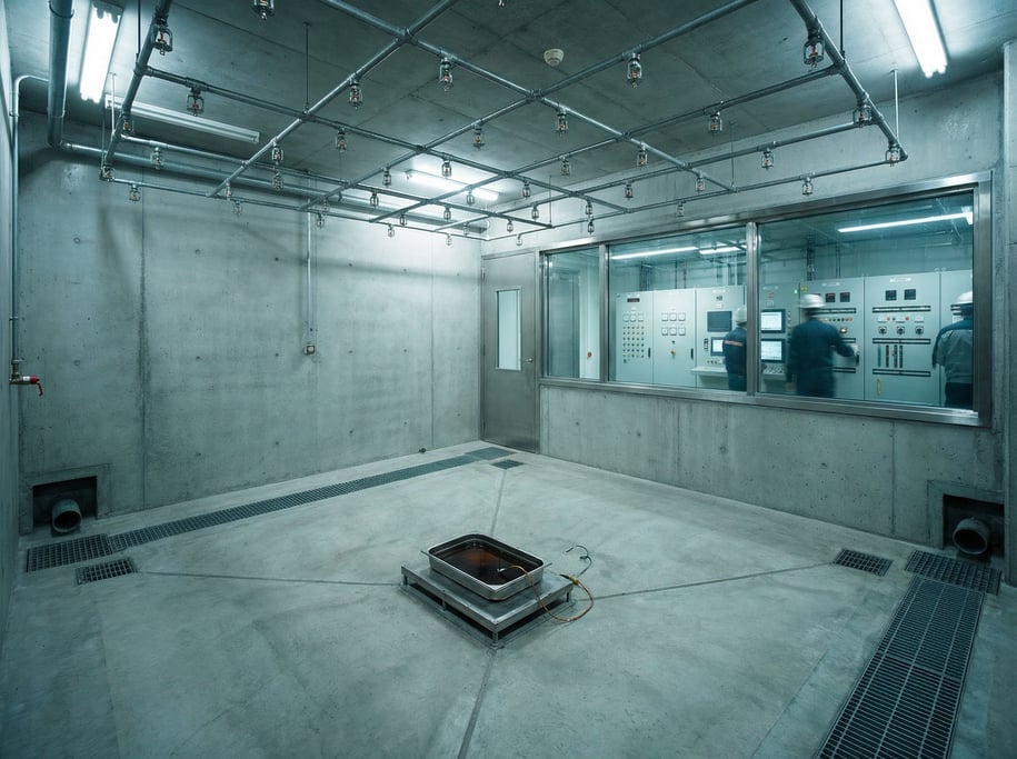 A fire suppression test chamber with sprinkler heads in the ceiling, the floor sloped to drains