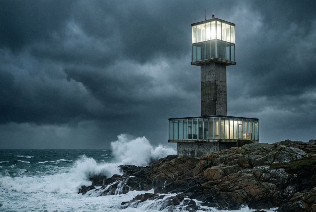 A modernist lighthouse on a rocky headland redesigned in concrete and glass