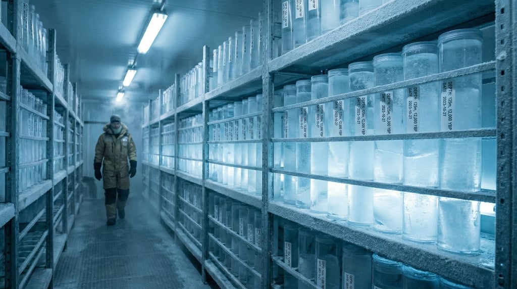 An ice core storage facility with a long refrigerated corridor holding transparent tubes containing