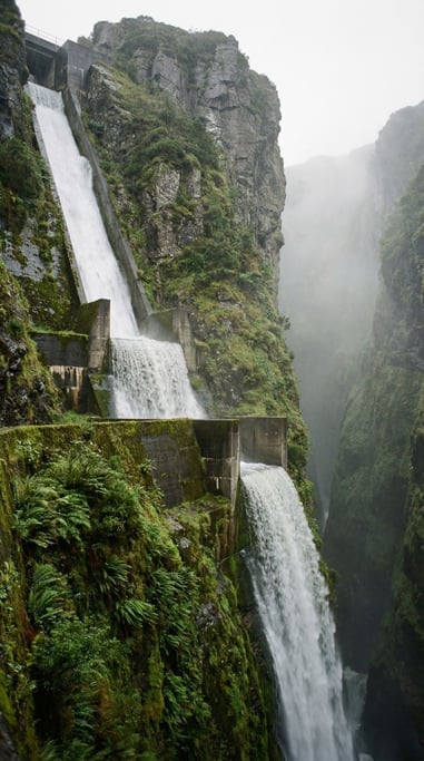 A vertical view of a waterfall cascading down a concrete channel built into a cliff