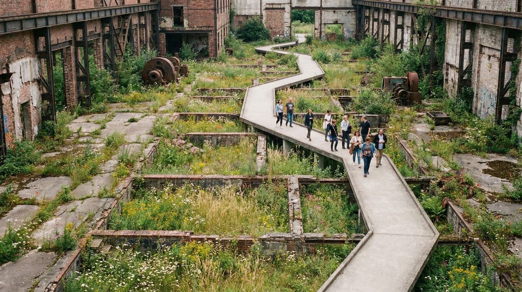 A network of concrete pathways crossing a rewilded former industrial site