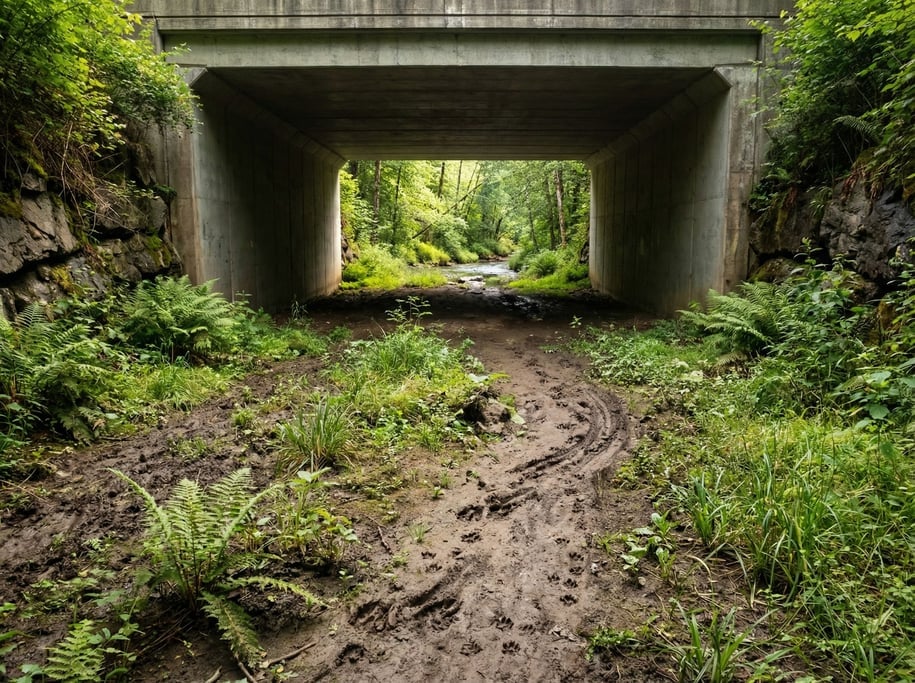 A wildlife crossing underpass beneath a highway