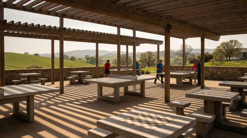 A recreational area in a facility compound with concrete ping-pong tables and permanent chess boards