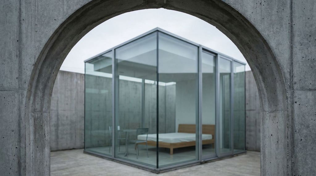 A transparent glass house within a concrete perimeter enclosure