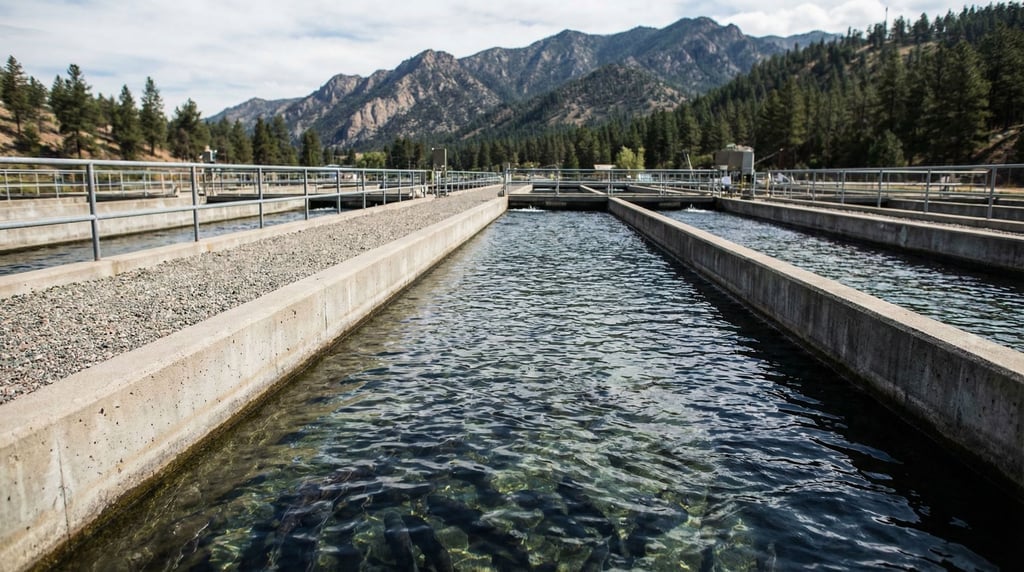 A fish hatchery with concrete raceways filled with flowing water