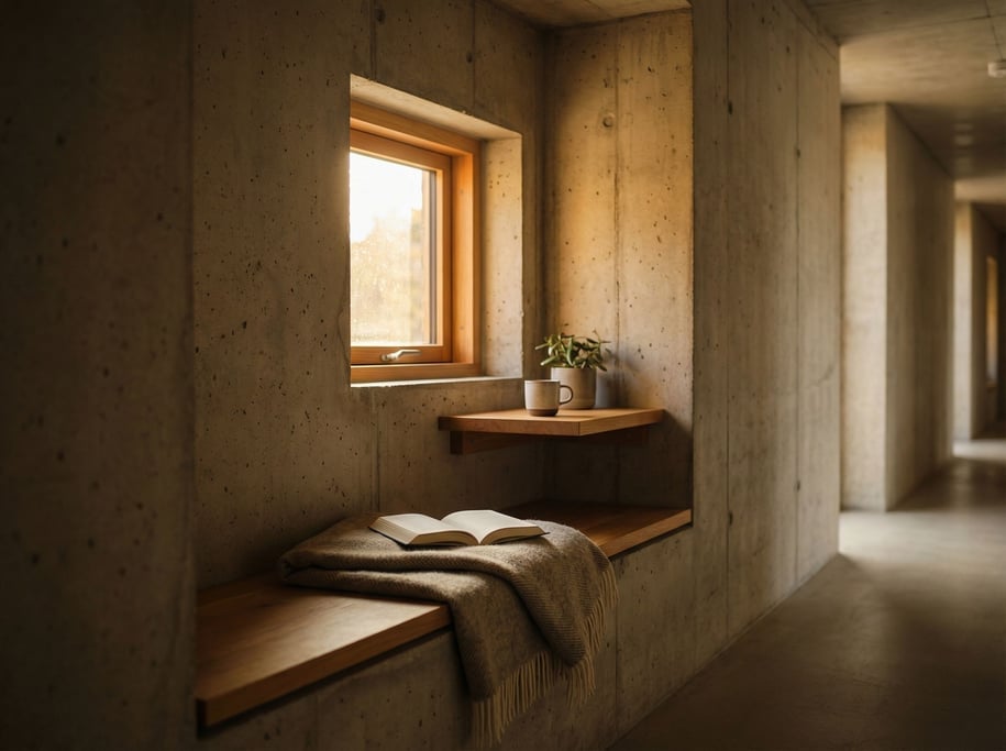 A reading nook carved from a concrete wall at a corridor junction, featuring a built-in seat