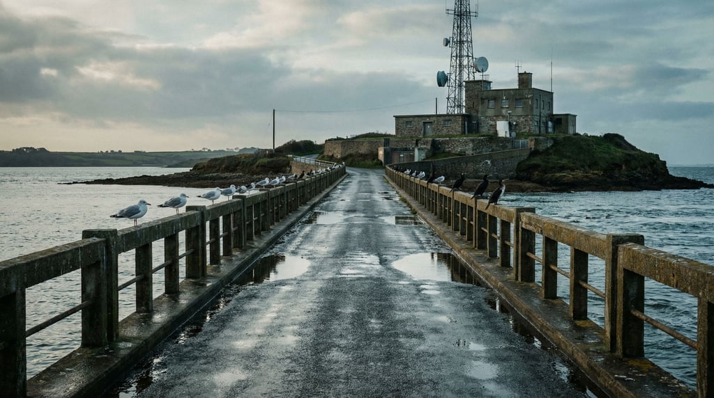 A concrete causeway connecting mainland to a small island visible at low tide