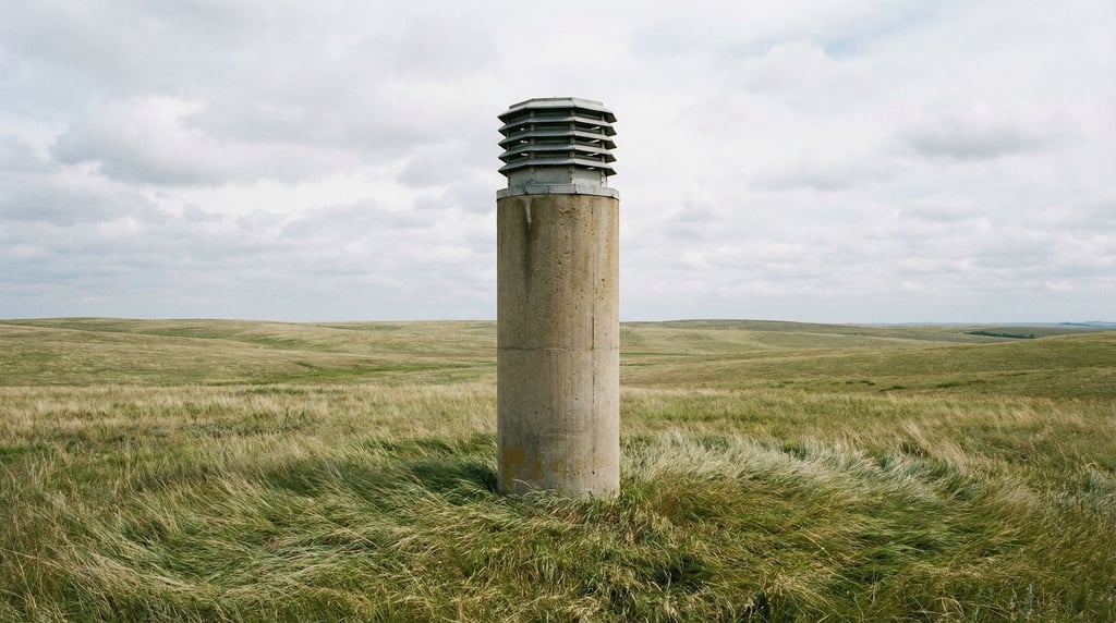 A ventilation shaft tower rising from underground in open grassland