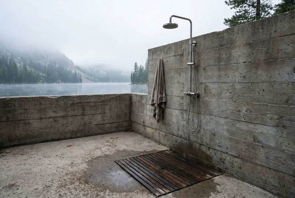 An outdoor shower on a concrete platform beside a mountain lake — a simple stainless steel fixture a