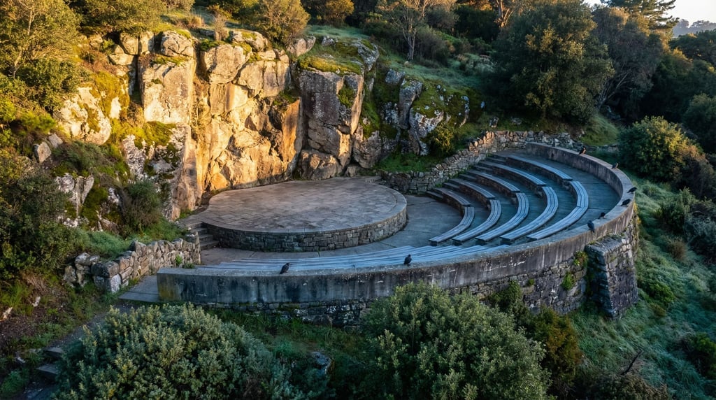 An amphitheater integrated into a hillside using concrete terracing