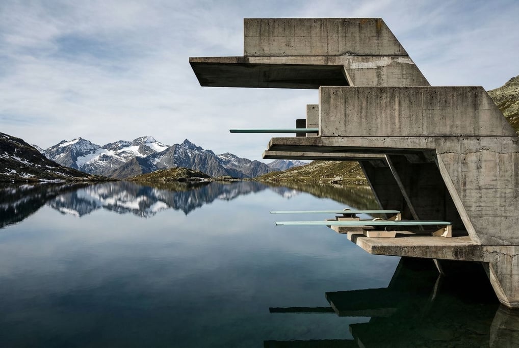 A three-tiered concrete diving platform at a mountain lake