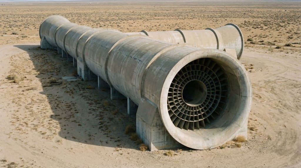 A wind tunnel testing facility — a long cylindrical concrete structure with massive circular intake