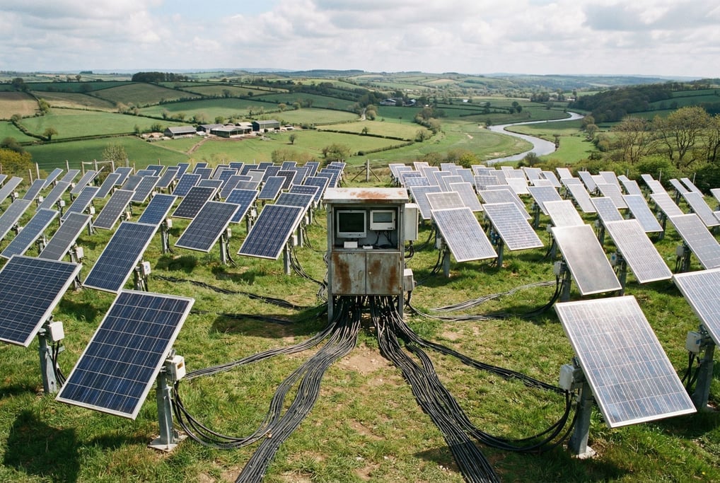 A photovoltaic testing field on a hillside with solar panels at varied angles on individual adjustab