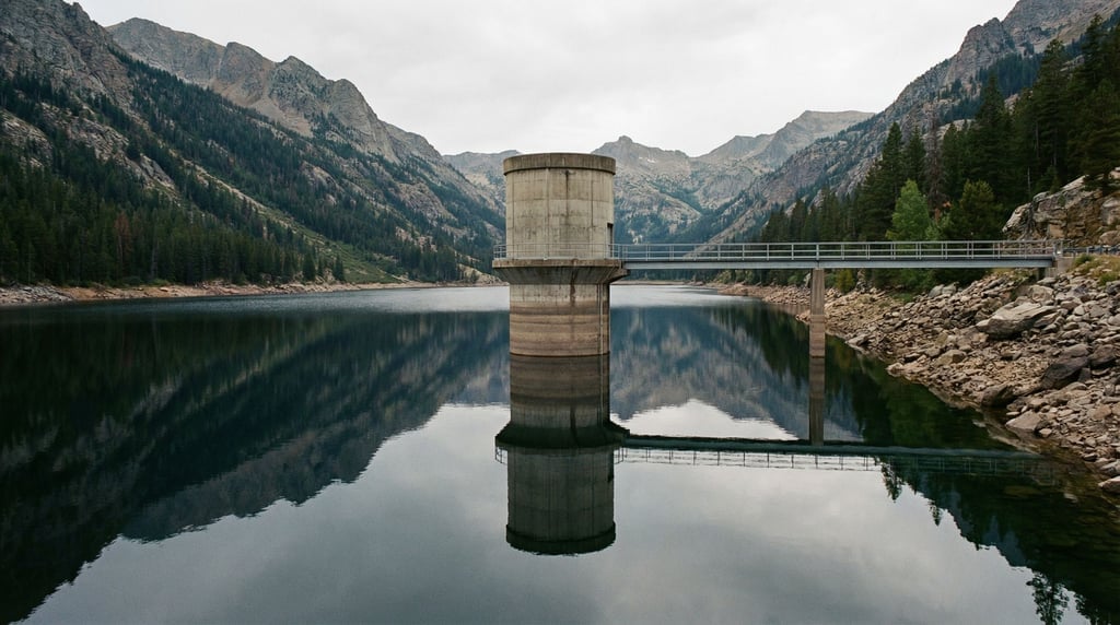 A reservoir intake tower standing in deep mountain lake water