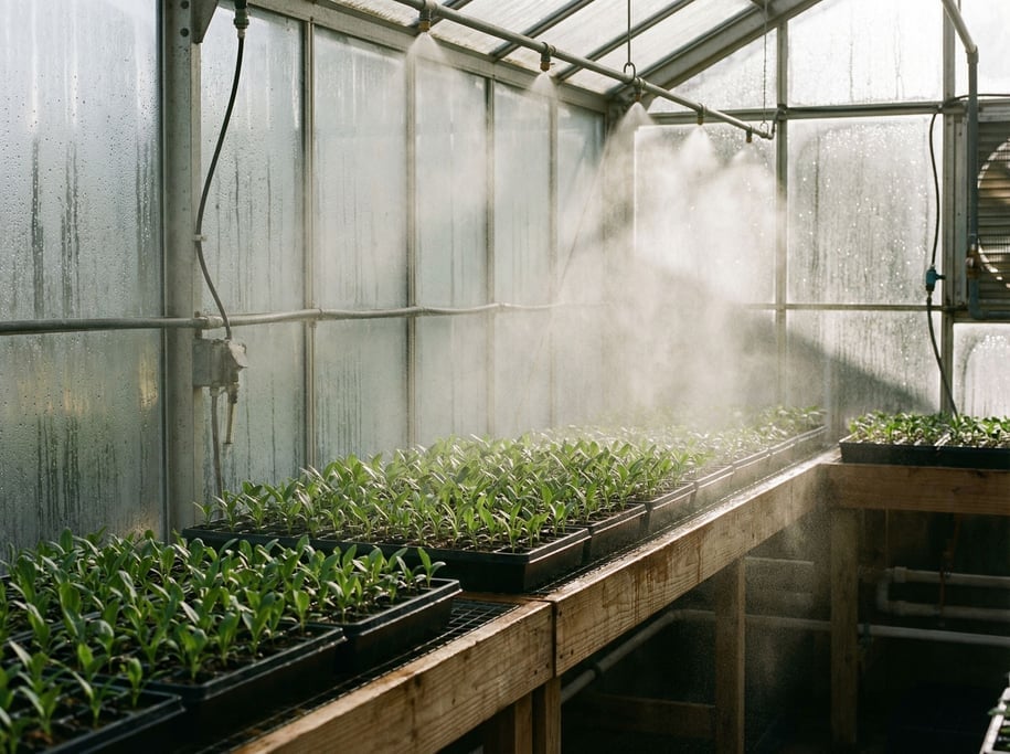 A greenhouse propagation room with seedlings in cell trays on heated benches