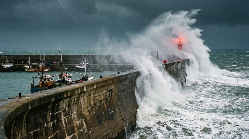 A concrete harbor pier in a storm