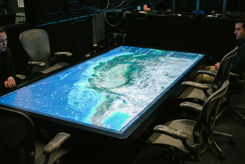 A map table in a darkened control room