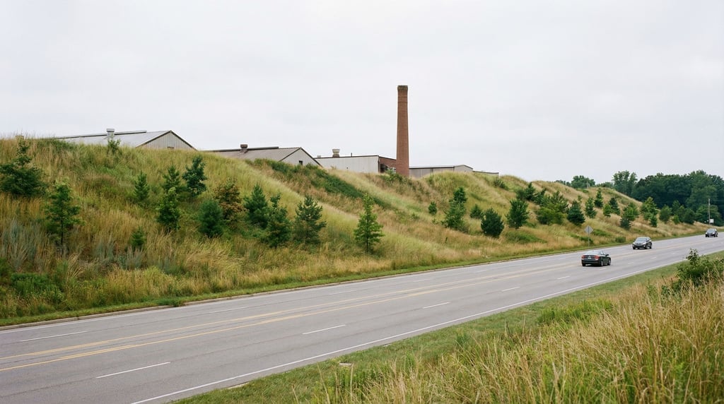 A landscaped earthen berm screening a facility from a public road