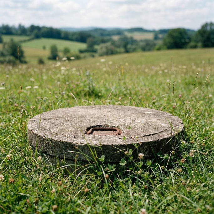 A circular concrete cistern lid flush with a meadow