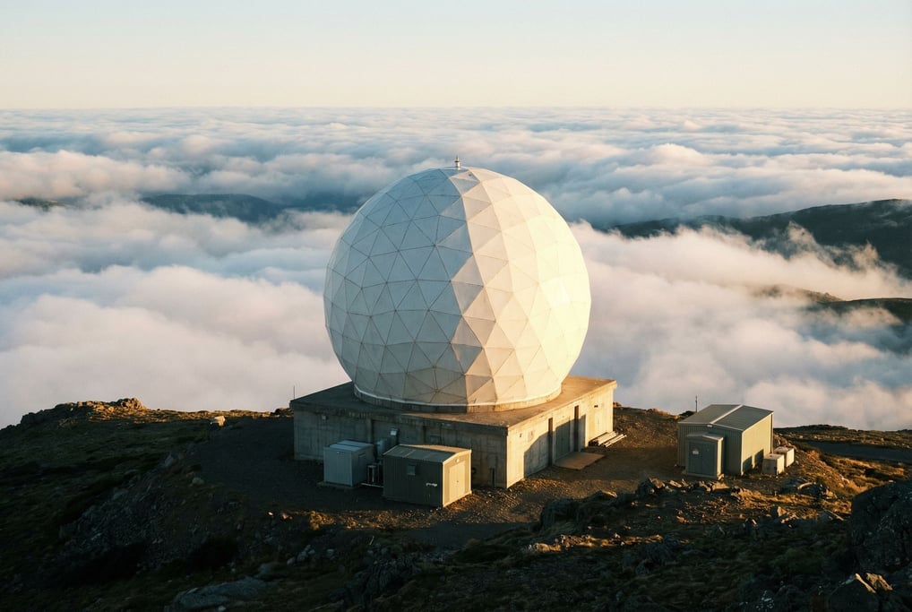 A white radome sphere on a remote hilltop above the cloud line, perched on a concrete base building
