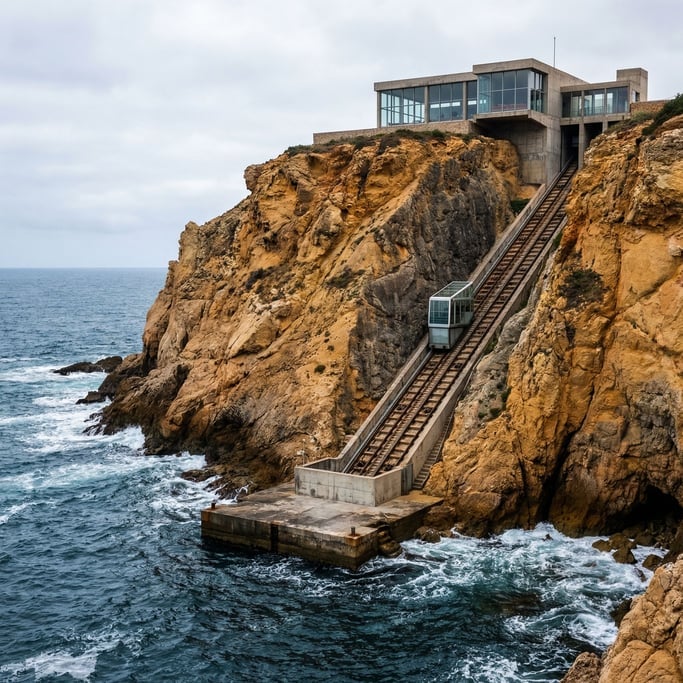 A funicular railway descending a steep sea cliff to a water-level landing platform
