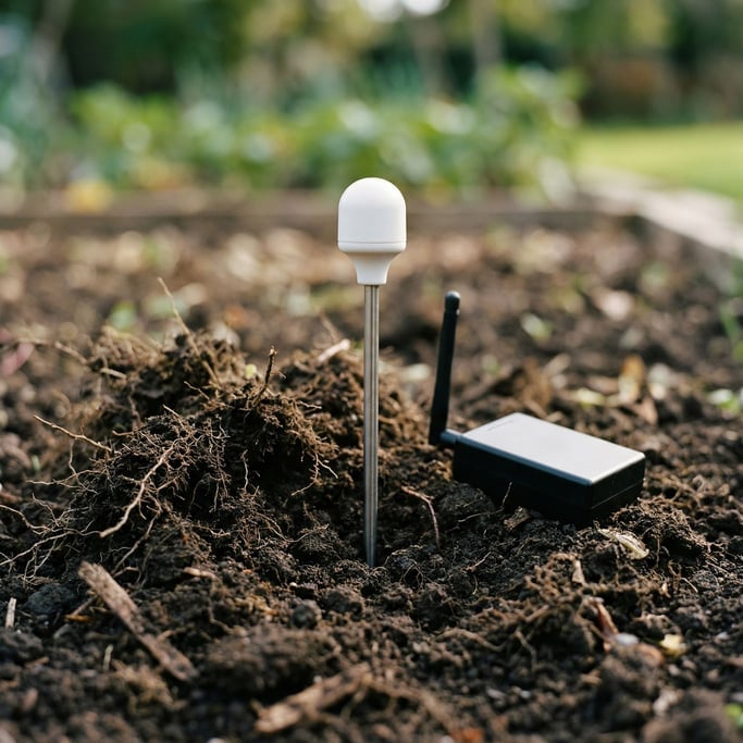 A soil moisture sensor — a thin titanium probe rod with a white sensor head — pushed into dark garde