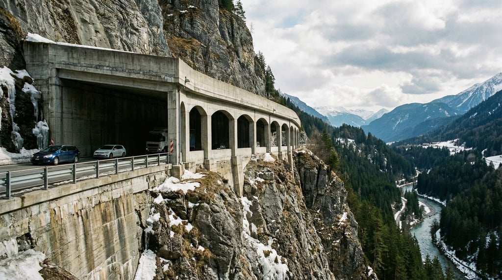 An avalanche protection gallery over a mountain road — a concrete half-tunnel open on the valley sid
