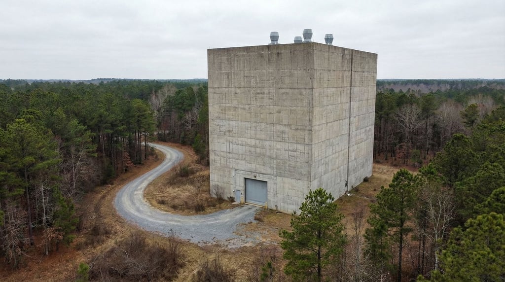 A particle physics detector building — a massive windowless concrete cube in a forest clearing