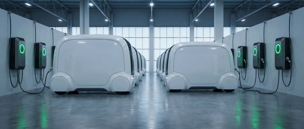 An autonomous vehicle fleet charging in a covered facility bay