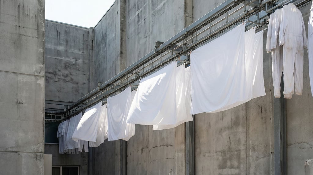 Motorized industrial drying racks between concrete building walls
