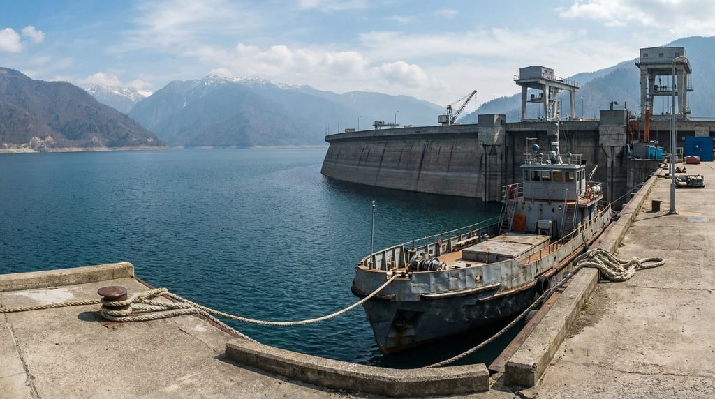 A hydroelectric facility dock with the massive dam wall curving in the background