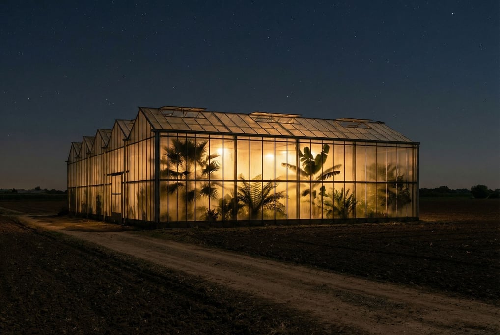 A facility greenhouse glowing like a lantern at night