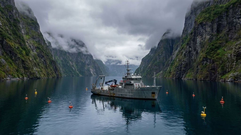 A research vessel at anchor in a deep fjord