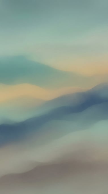Atmospheric dreamy gradient, gentle flowing horizontal forms of muted teal and pale ochre