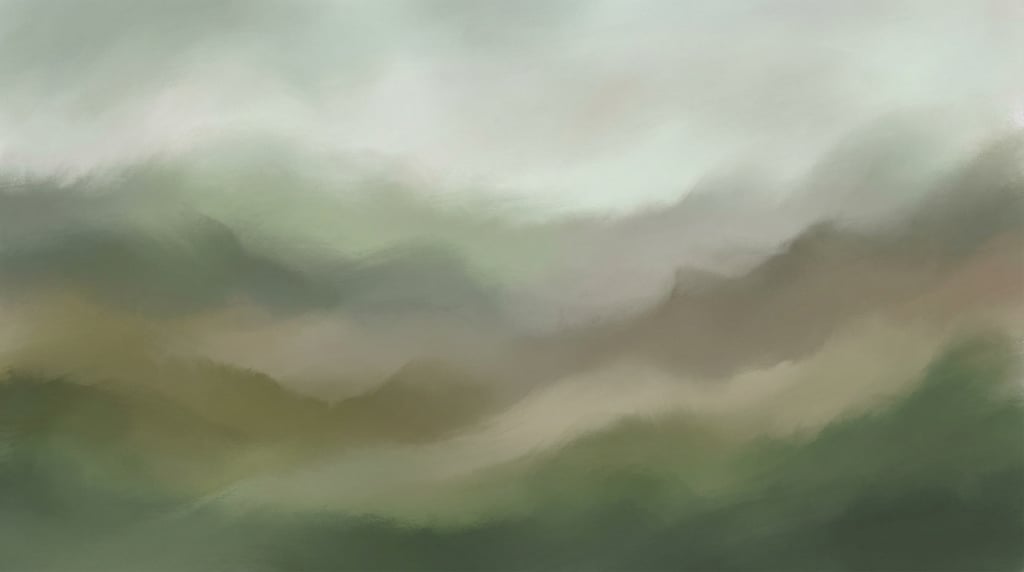 Atmospheric dreamy gradient art, soft rolling forms of muted forest green and pale warm grey
