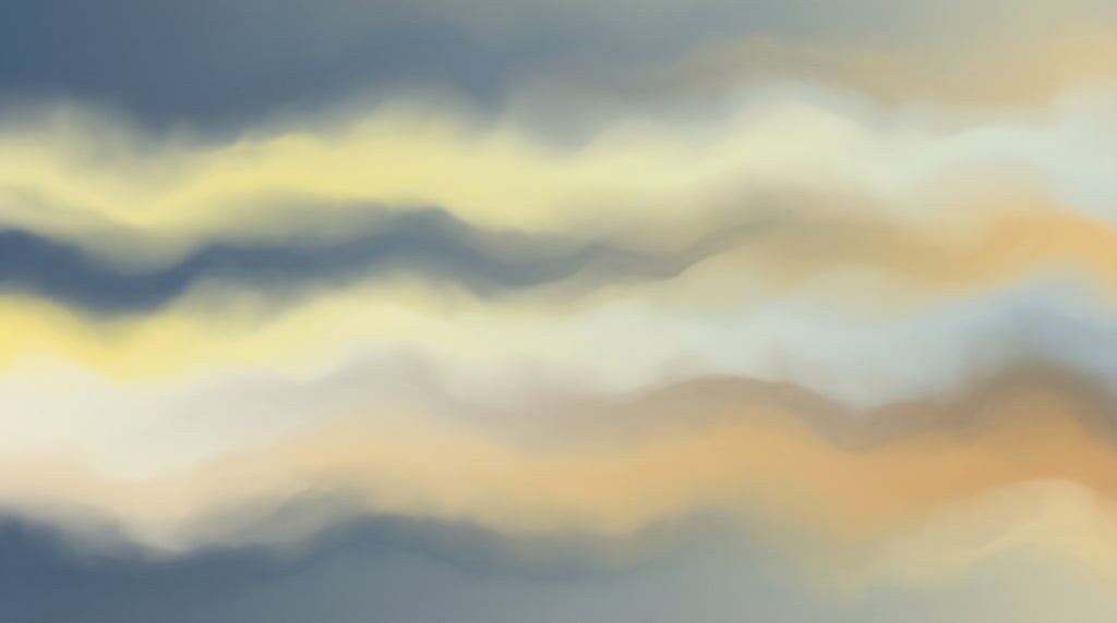 Atmospheric gradient landscape, soft flowing horizontal layers of muted slate blue and warm pale lem