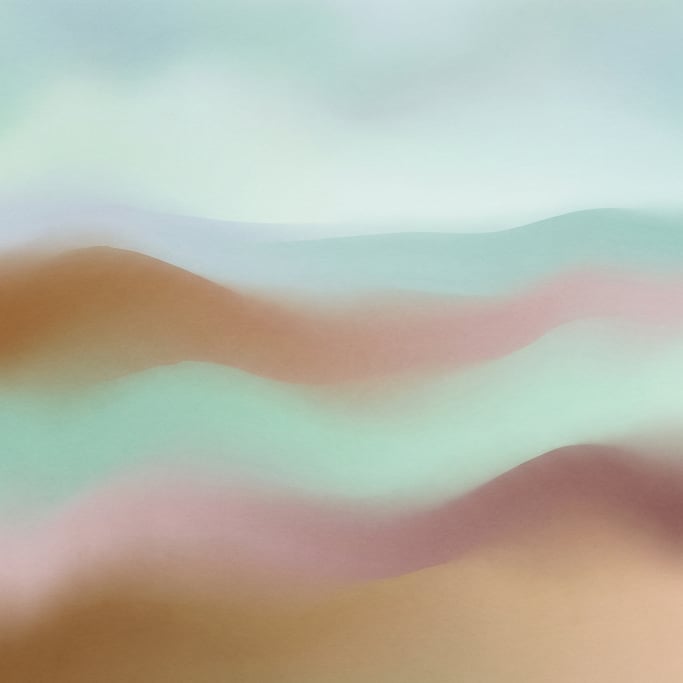 Dreamy abstract gradient landscape, gentle rolling forms of muted bronze and cool soft mint