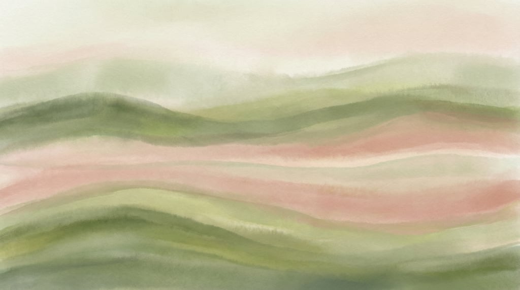 Atmospheric dreamy gradient, gentle horizontal color waves of muted moss green and pale warm rose