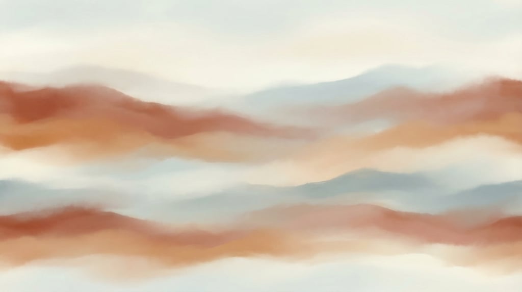 Ethereal atmospheric gradient, gentle rolling color waves of muted warm rust and cool pale grey