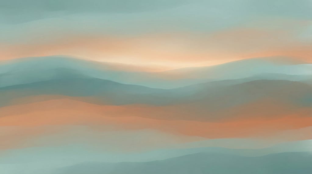 Atmospheric dreamy gradient art, soft rolling color bands of muted cool teal and warm dusty orange