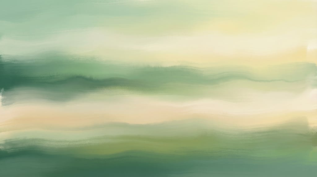 Dreamy gradient landscape, gentle flowing horizontal layers of muted emerald and warm soft cream