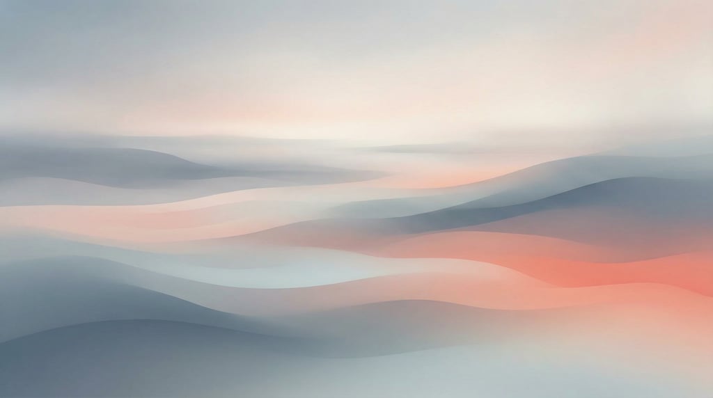 Dreamy abstract gradient, soft undulating horizon forms of muted cool slate and warm pale coral