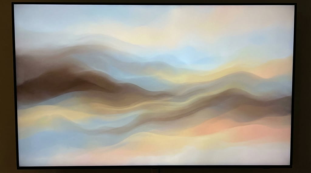 Ethereal gradient color field, gentle flowing forms of muted warm umber and cool soft sky blue