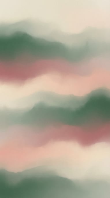 Atmospheric dreamy gradient art, soft rolling color bands of muted pine green and warm pale pink