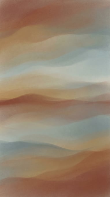 Atmospheric gradient landscape, soft flowing color waves of muted warm rust and cool misty blue-grey