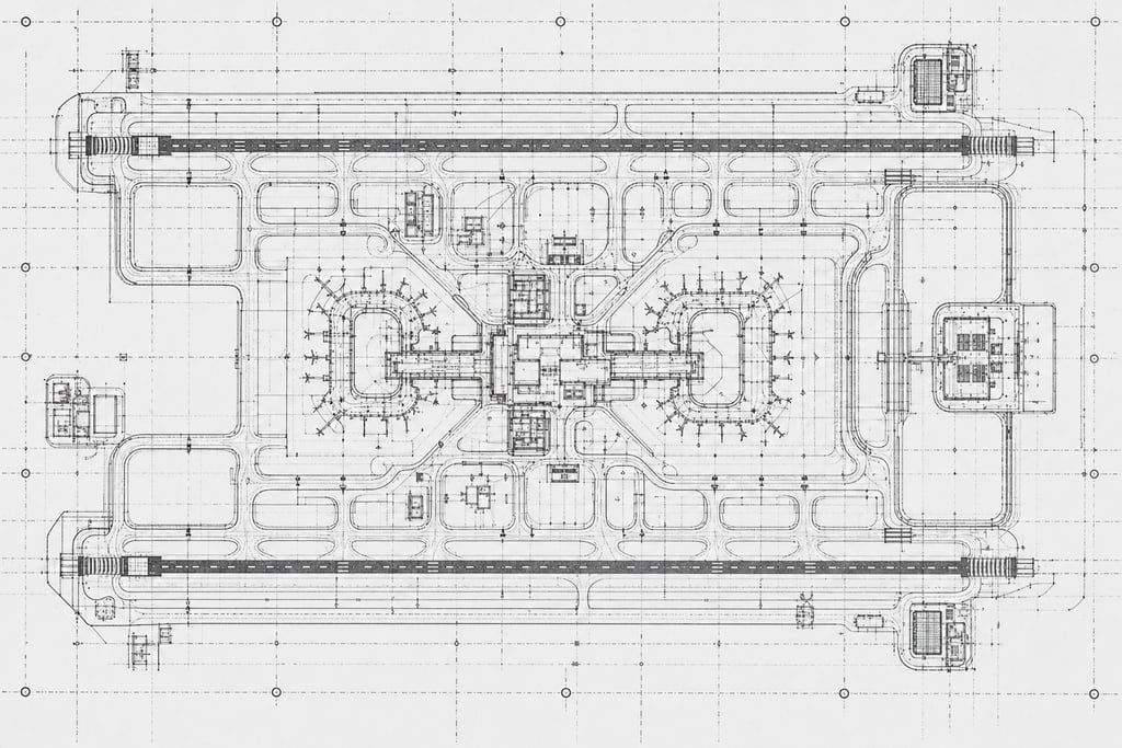 Technical drawing of an airport runway system with detailed taxiways and terminals