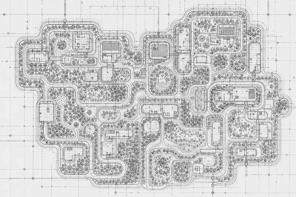 Detailed plans of an eco-friendly housing development with layered gardens and pathways