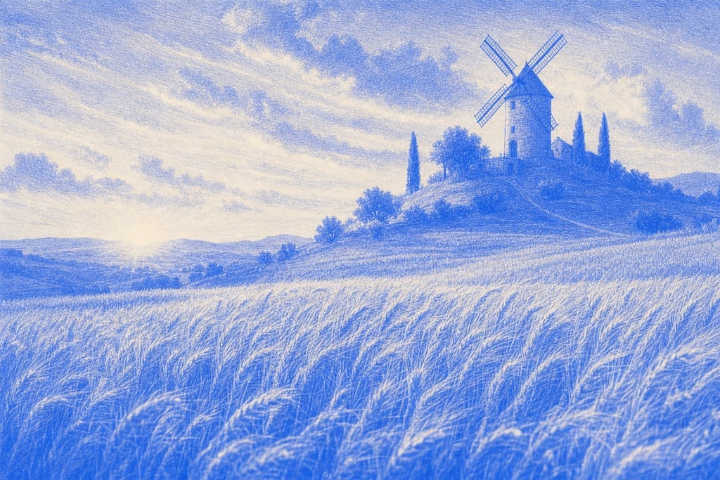 Old windmill on a hill, silhouetted against the dawn sky, with fields of wheat below